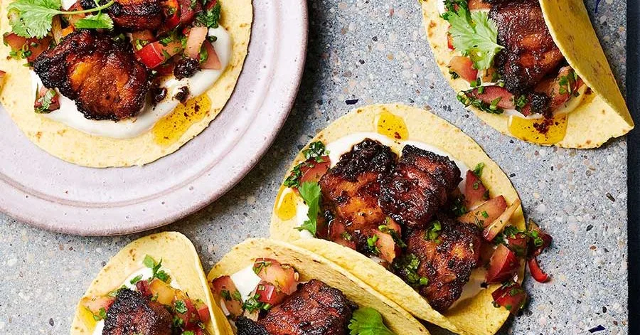 Crispy pork tacos in air fryer with plum chilli salsa