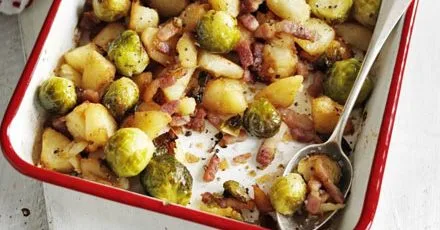 One‑Pan Roast Bubble‑and‑Squeak with Potatoes, Brussels Sprouts and Bacon