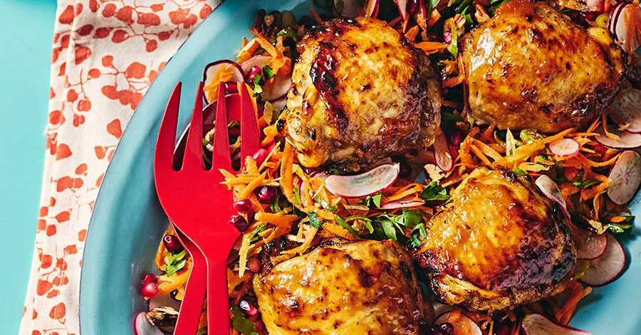 Air‑Fryer Chicken Thighs in Apricot‑Orange Horseradish Sauce with Rainbow Salad
