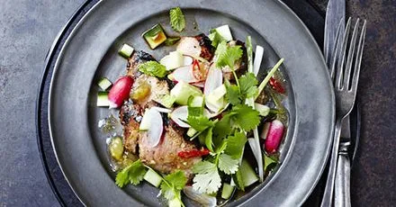 Salad with Soy Barbecue Pork and Blackcurrant Sauce