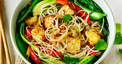Tofu with Aromatic Stir-Fried Noodles, Pak Choi and Crunchy Sugar Snap Peas