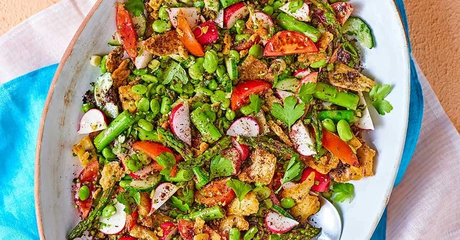 Fattoush with Asparagus and Broad Beans, with Crispy Asparagus Ends