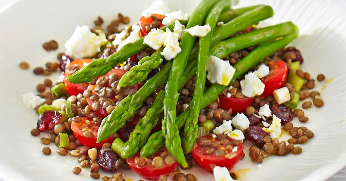 Asparagus, Lentil and Cranberry Salad with Crumbled Feta