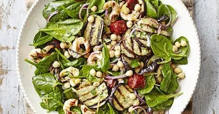 Eggplant, Shrimp and Chorizo Salad with Preserved Lemon Dressing