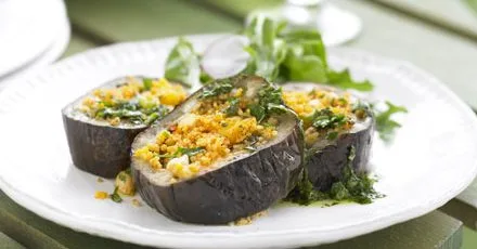 Eggplant stuffed with spicy apricot tabbouleh