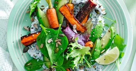 Avocado, Labneh, Roasted Carrots and Salad Leaves