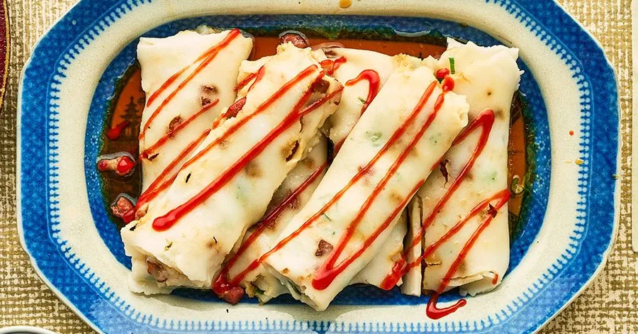 Cheong Fun rolls with bacon, dried shrimp and green onion