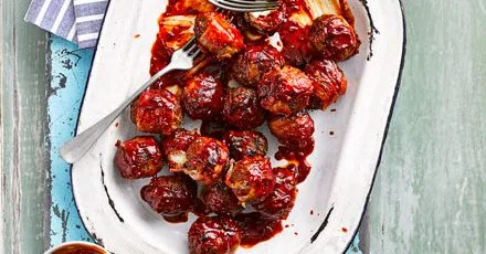 Bacon-Wrapped Meatballs with Mozzarella and Smoky Barbecue Sauce