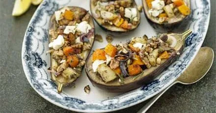 Baked Eggplants Stuffed with Pumpkin, Feta and Walnuts, with Mint Courgettes