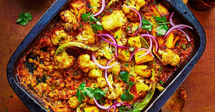 Baked Coconut Dhal with Spiced Cauliflower and Paneer