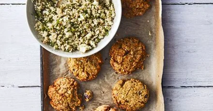 Baked falafel with cauliflower tabbouleh