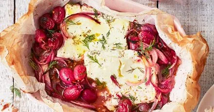 Sumac and grape baked feta
