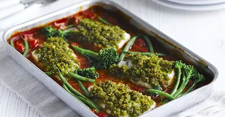 Baked White Fish with Cherry Tomatoes, Basil and Crispy Crumbs