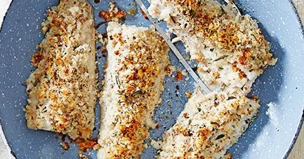 Baked Pollock with Crunchy Anchovy Crumbs, Garlic and Rosemary