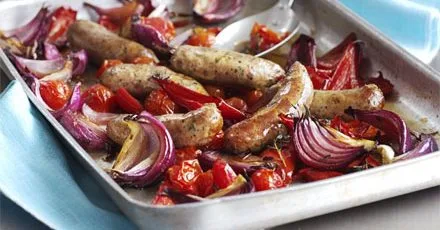 Balsamic Roasted Sausages with Red Vegetables