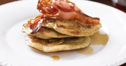 Banana Pancakes with Crispy Bacon and Maple Syrup