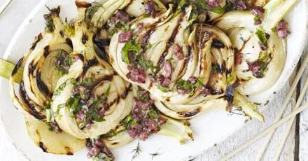 Grilled fennel with Kalamata black olives and aromatic herb dressing