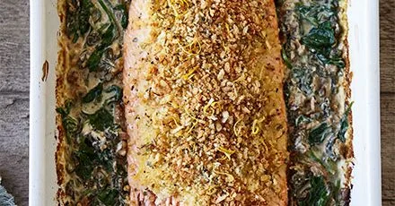 Crispy Crumbed Salmon with Creamed Spinach and Wild Mushrooms