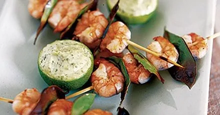 Bay-scented prawns with basil mayonnaise