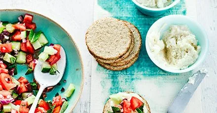Bean Spread with Feta and Greek Salsa on Oatcakes