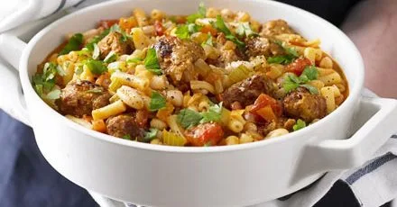 Hearty Bean, Pasta and Aromatic Meatball Stew