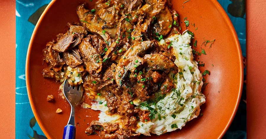 Beef, mushroom and marsala stroganoff with herby mash