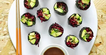 Beetroot and avocado nori rolls with wasabi sauce