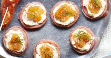 Beetroot blinis with smoked salmon