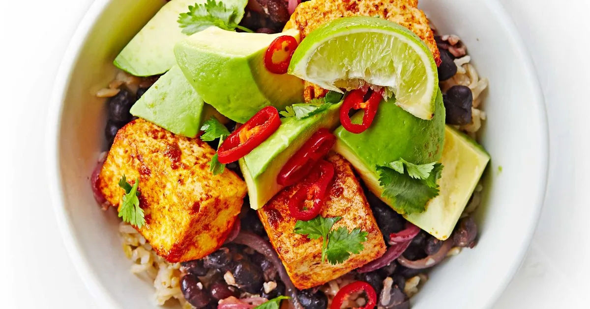 Black bean, tofu & avocado rice bowl