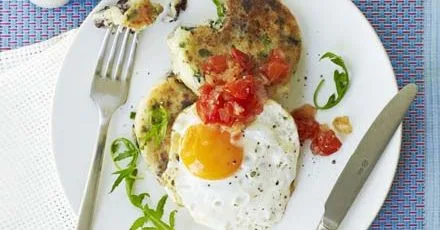 Black pudding potato cakes with fried eggs & tomato chutney