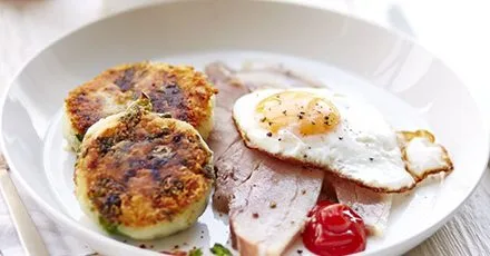 Braised bacon with colcannon cakes