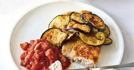 Breadcrumbed pork with grilled aubergine & spicy tomato sauce
