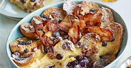 Brioche breakfast bake with crispy bacon