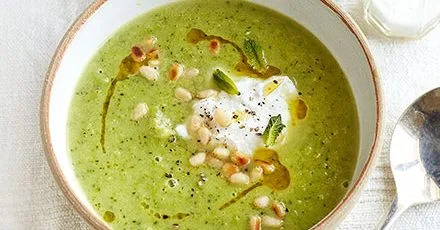 Broccoli and pea soup with minty ricotta