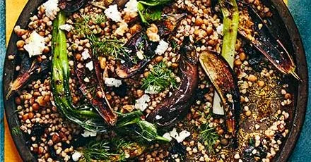 Buckwheat with charred baby eggplants