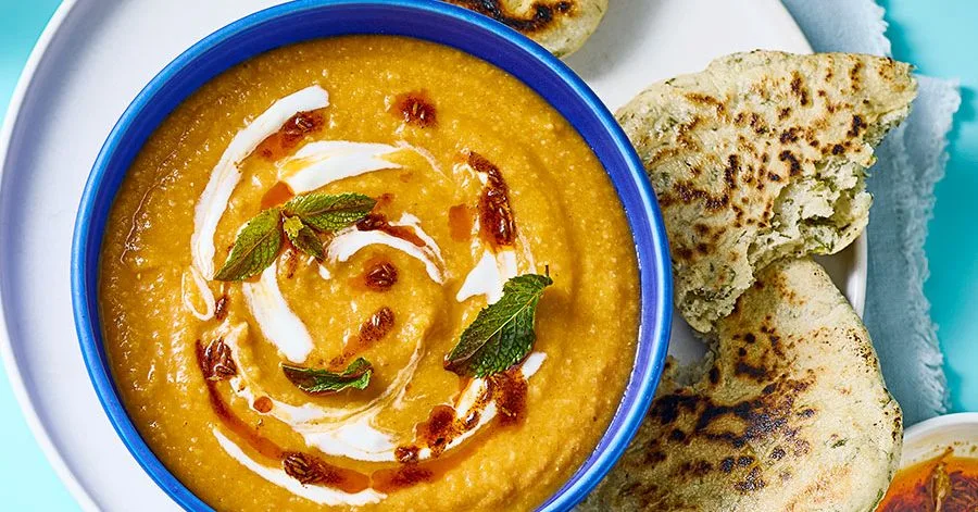 Bulgur and vegetable soup with sizzled mint oil and potato flatbreads