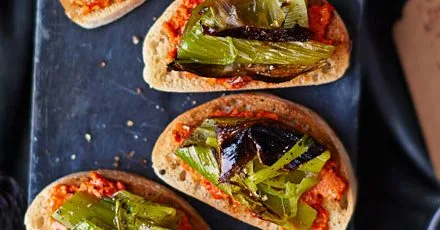 Burnt leeks on toast with romesco