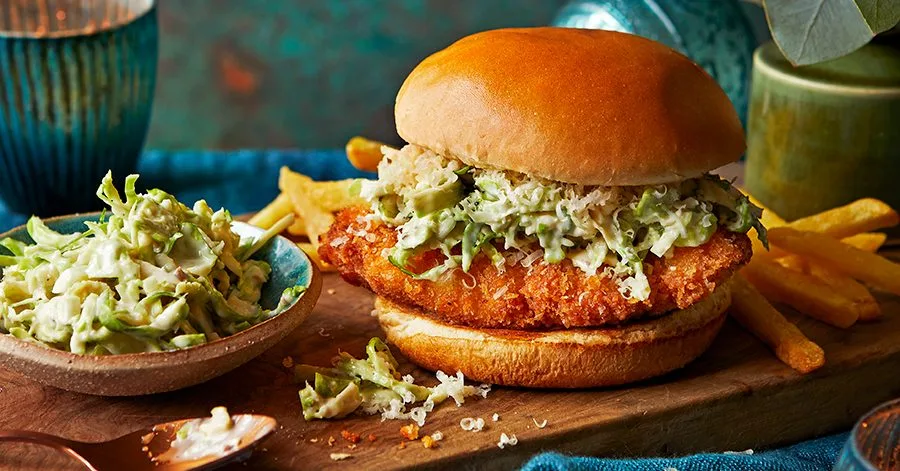 Caesar Brussels salad and parmesan chicken schnitzel burgers