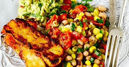 Cajun grilled halloumi with lime black-eyed bean salad & guacamole