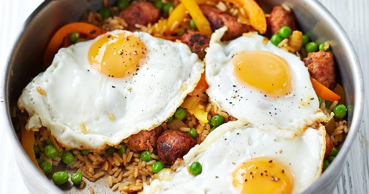 Cajun rice with chorizo meatballs & fried eggs