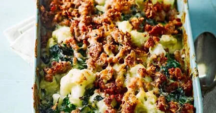 Cauliflower, kale and sausage bake