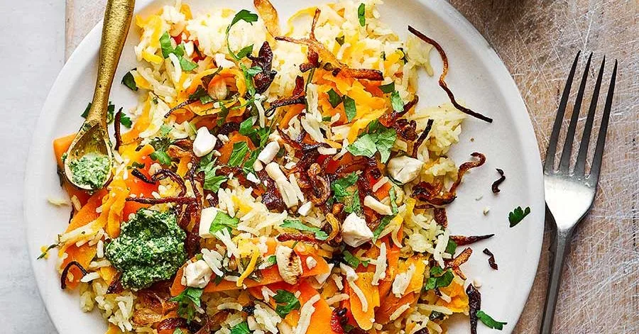 Carrot Pilaf with Coriander Chutney