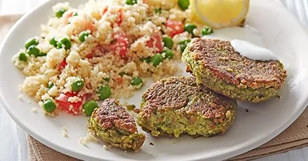 Pea falafels with minty couscous salad