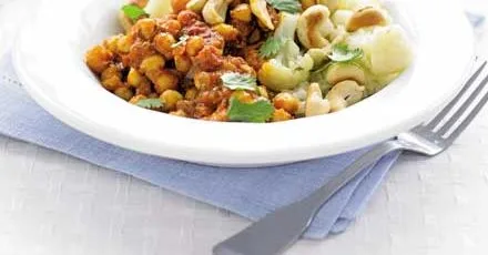 Cauliflower & cashew pilaf with chickpea curry