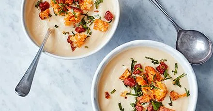 Cauliflower soup with chorizo and garlic croutons