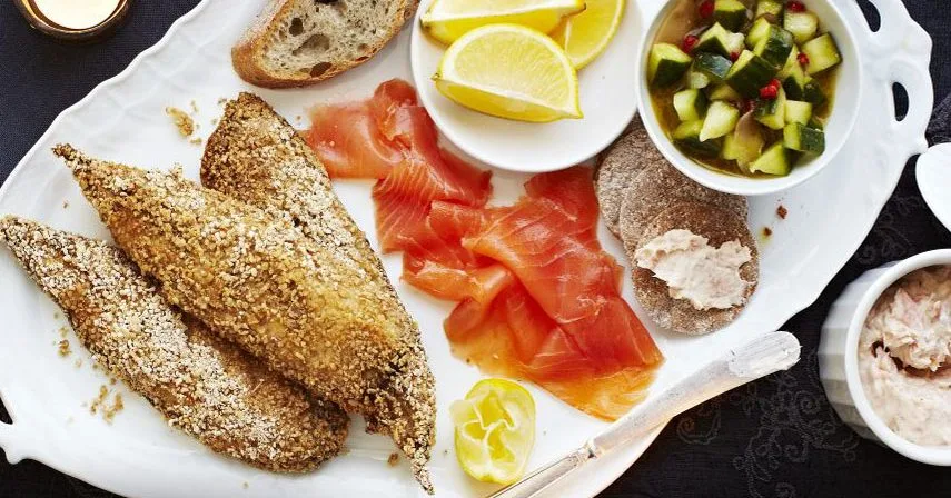 Celebration fish platter with spiced cucumber salad