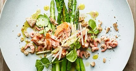 Charred Asparagus with Smoked Salmon, Shrimp and Rye Crumbs