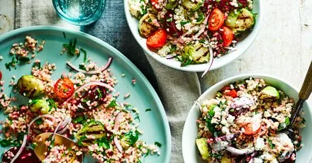 Charred Brussels, beetroot & bulghar salad