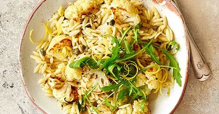 Charred cauliflower, lemon and capers with orzo