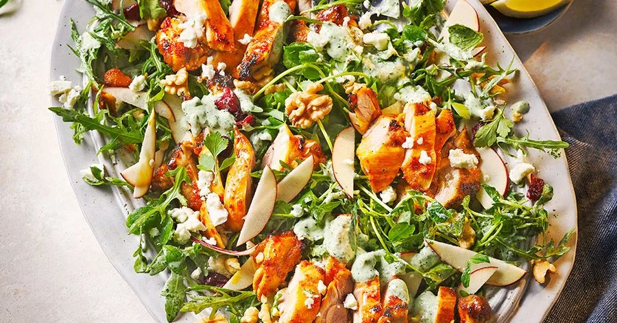 Charred Harissa Chicken Salad with Cranberries, Apple and Herby Yogurt Dressing
